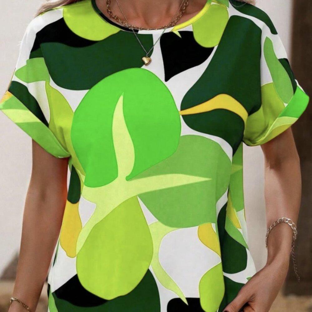 SHEIIN Women’s Large Green Abstract Leaf Print Blouse – Short Sleeve Casual Top